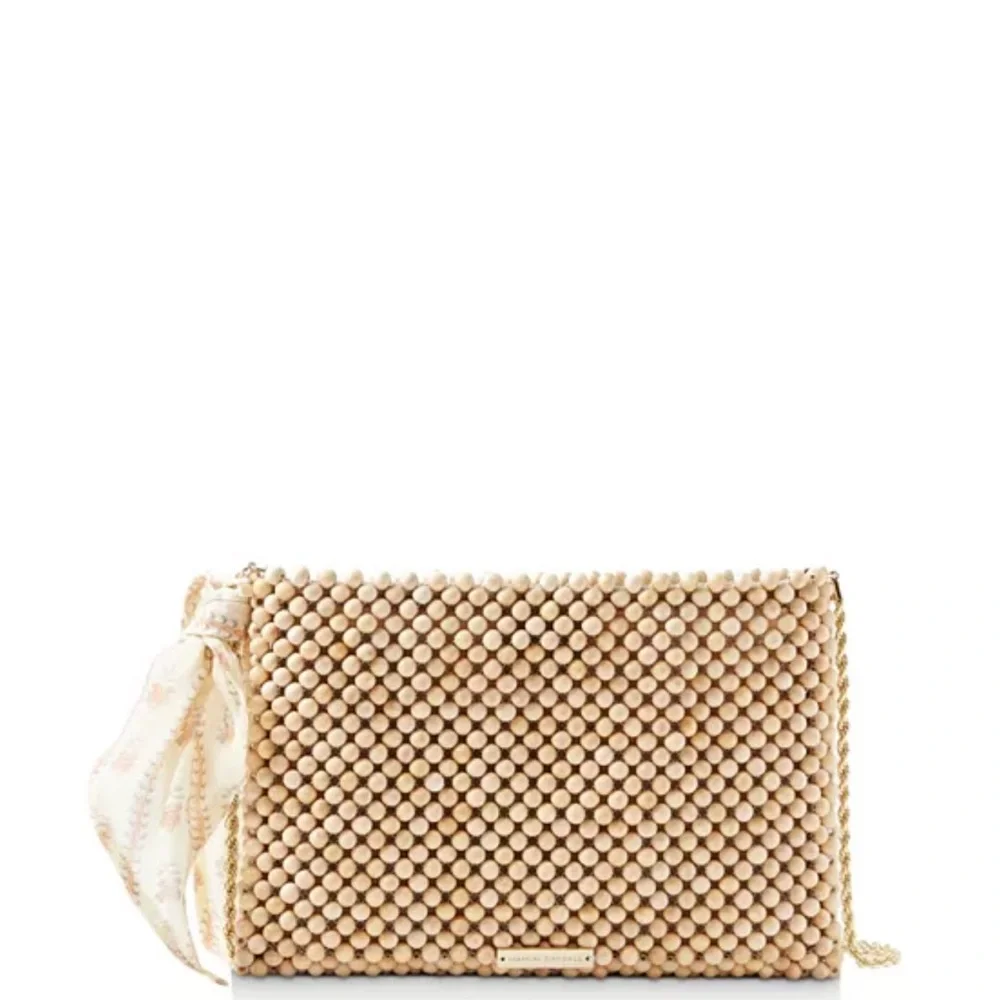 Loeffler Randall Beaded Clutch in Beige with Gold Chain